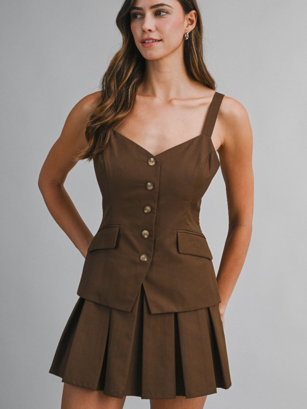 NWT Mable Brown Pleated Front Button Closure Suit Romper Adjustable Straps